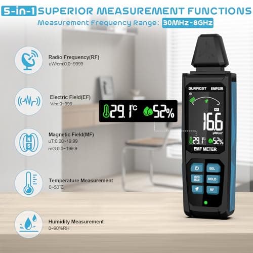 EMF Detector, DURFICST 5 in 1 Rechargeable Digital EMF Radiation Detector, Measuring Ambient Temp and Humidity, Suitable for Cell Phone Towers, Smart Meters, Home EMF Detection and Ghost Hunting 4