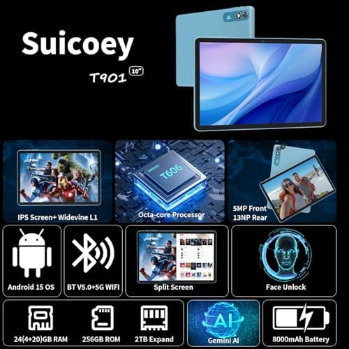 Tablet with Keyboard - 24GB RAM+256GB ROM(2TB Expand), Android 15 Tablet with Octa Core, 5G/2.4G WiFi, 8000mAh, BT V5.0, with Case, Mouse, Stylus, Split-Screen, Widevine L1, Face Unlock(Black Case) 2