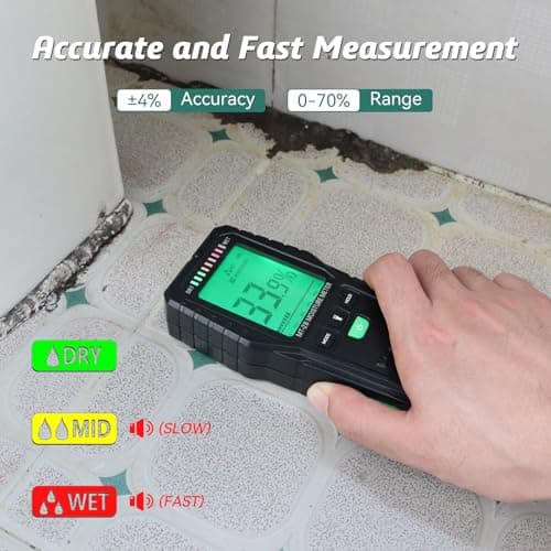RDINSCOS Pinless Moisture Meter for Leak Detection, Water Damage Detector for Wood, Drywall, Concrete & Building Materials – Easy Calibration, Data Hold, and Flashlight – Moisture Tester for Basement 4