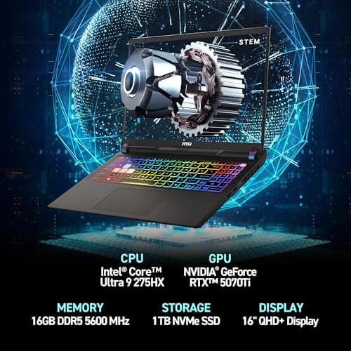 MSI Vector 16 HX AI 16” 240Hz QHD+ Gaming Laptop: Intel Core Ultra 9-275HX, NVIDIA Geforce RTX 5070Ti, 16GB DDR5, 1TB NVMe SSD, Thunderbolt 5, Wi-Fi 7, Win 11 Home: Cosmo Gray A2XWHG-211US 2