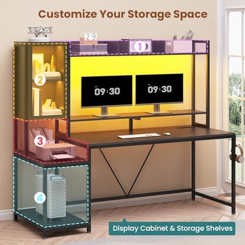 SEDETA Gaming Desk, 60'' Gaming Desk with Hutch and LED Lights, Computer Desk with Storage Shelves, Large PC Gamer Desk with Display Cabinet, Monitor Stand, Power Outlet for Home Office, Black 5