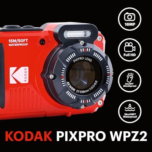 KODAK PIXPRO WPZ2 Rugged Waterproof Digital Camera 16MP 4X Optical Zoom 2.7" LCD Full HD Video, Red 2