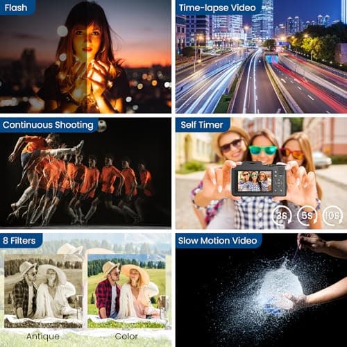 Digital Camera, 5K 80MP 3.5"+2" Dual Screen Cameras for Photography Autofocus, 18X Digital Zoom Vlogging Camera for YouTube, Travel, Beginners, Include 64GB Card and 2 Batteries, Black 4