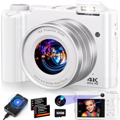 4K Digital Camera for Photography - 64MP Autofocus Vlogging Camera for YouTube with Dual-Lens - 16X Digital Zoom Anti Shake 3'' Selfie Compact Camera with Flash, 2 Batteries, Charging Stand-White