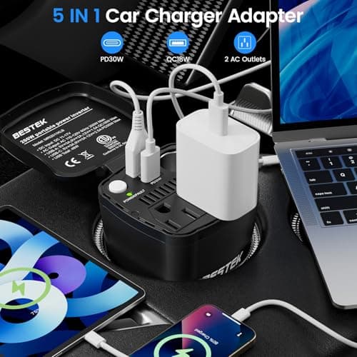 BESTEK 200W Power Inverter, 12V DC to 110V AC Car Plug Adapter Outlet Converter with [30W USB-C]/USB-Fast Charger(18W) / Dual AC Outlets/car Charger for Laptop 4
