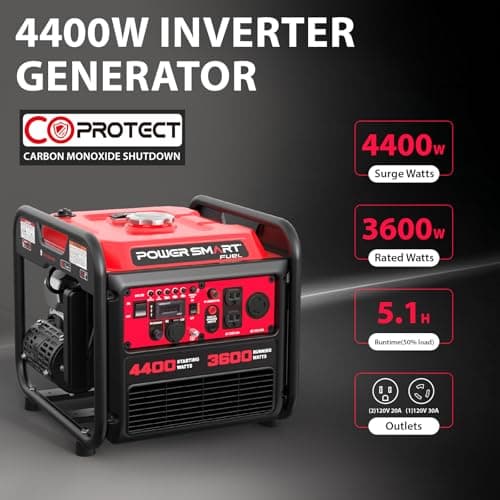 PowerSmart 4400-Watt Portable Inverter Generator, Gas Powered, CO-Sensor, Lightweight & Quiet for Home Use and Emergency Backup, Camping, EPA Compliant 2