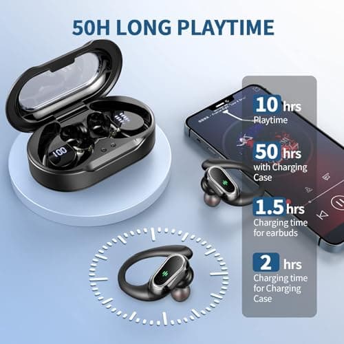 Wireless Earbuds, 2025 Bluetooth 5.4 Headphones Sport, 50Hrs HiFi Stereo Deep Bass Over-Ear buds with ENC Noise Cancelling Mic, IP7 Waterproof & LED Display Earphones with Earhooks for Workout/Running 5