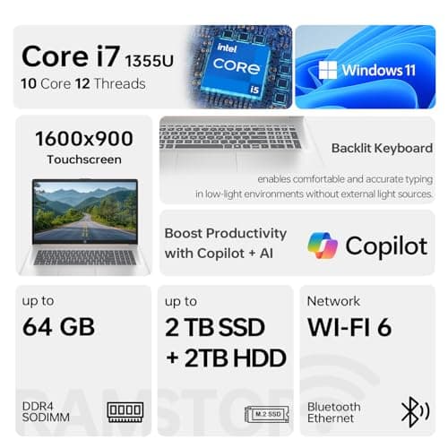 HP Business 17.3" Laptop, 17.3" HD+ Touchscreen, Intel Core i7-1355U, 16GB RAM, 1TB SSD, Webcam, HDMI, Backlit KB, FP Reader, Wi-Fi 6, Win 11 P, Pale Rose Gold, ADATA 512 External SSD Bundle 2