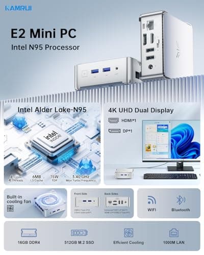 KAMRUI Essenx E2(Upgraded GK3Plus) Mini PC, 16GB RAM 512GB M.2 SSD Mini Computers,12th Alder Lake N95(Beat N100, up to 3.4GHz) Micro PC, HDMI+DP1.4 Dual 4K UHD, Gigabit Ethernet mini Desktop pc 2