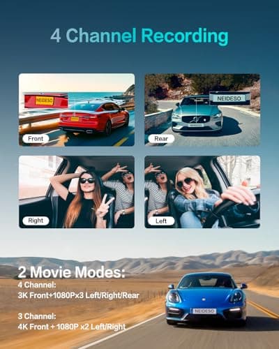 AI Dash Cam Front Rear Inside, 4 Channel 3k+1080P*3 Dashcam with Smart Driving Monitor System, 360° View Car Cameras 5GHz Wi-Fi GPS, Camera for Car Night Vision 128GB SD Card, 24H Parking Mode N700Pro 3