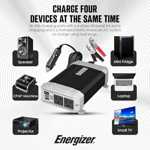 Energizer 600 Watt 12V DC to 110V AC Car Power Inverter, Modified Sine Wave, 2 Outlets, 2 USB Ports, Cigarette Lighter Plug & Clamps - ETL Approved Under UL STD 458 4