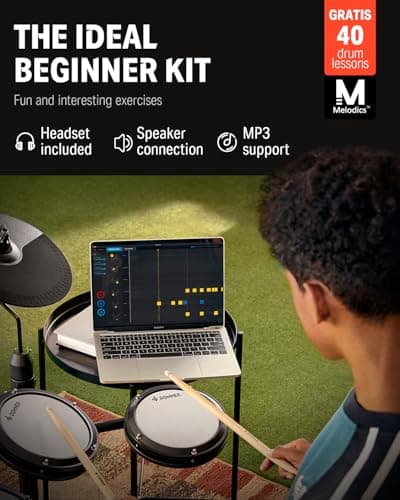Donner DED-80 Electronic Drum Set with 4 Quiet Mesh Pads, 180+ Sounds, 2 Pedals, Throne, Headphones, Sticks, and Melodics Lessons 2