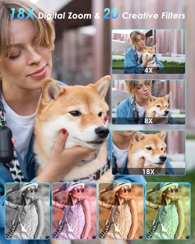 4K Digital Camera, Wevoor 64MP Point and Shoot Digital Camera with Autofocus, 18X Zoom, 20 Filters, 64GB SD Card, 2000 mAh Battery, 2.8" Screen Compact Vlogging Camera for Beginners Teens Adult(White) 4