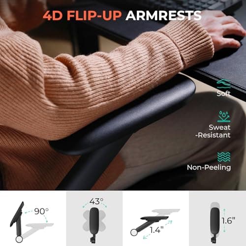 CAPOT Ergonomic Mesh Office Chair, Adjustable Lumbar High Back Desk Chair 400lbs, 4D Flip-up Arms, 3-Level Tilt Backrest, 3D Headrest, PU Wheels, Swivel Rolling Computer Seating for Long Desk Work 4