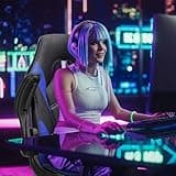 Sweetcrispy Computer Gaming Desk Chair - Ergonomic Office Executive Adjustable Swivel Task PU Leather Racing Chair with Flip-up Armrest for Adults, Kids, Men, Girls, Gamer, Black Blue 4