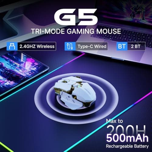 SEUNKWANG EWEADN G5 Wireless Gaming Mouse, 12800 Adjustable DPI RGB Mouse with 6 Backlit Modes, Rapid Fire Key, 9 Programmable Macro Buttons, Rechargeable Bluetooth Mouse for PC/Mac/Laptop - White 3