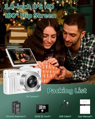 5K Digital Camera - WiFi 75MP Cameras for Photography - UHD Vlogging Camera for YouTube with 3" 180° Flip Screen - Autofocus Compact Video Travel Camara with 18X Zoom, 32GB SD Card, 2 Batteries 5