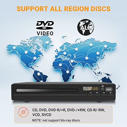 DVD Player, HDMI Region Free DVD Players for Smart TV, 1080P Upscaling, USB Input, HDMI/RCA Output Cable Included, Breakpoint Memory, Built-in PAL/NTSC, CD Players for Home 4