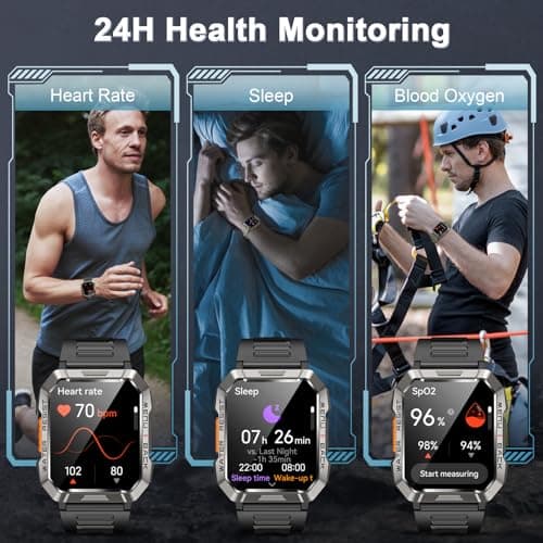 Military Smart Watch for Men(Answer/Make Call), Outdoor Sports Smartwatch with Flashlight/100 Days Battery/Compass/Heart Rate/SpO2/Sleep Monitor/2 Straps, Fitness Tracker for iPhone/Android Phones 5