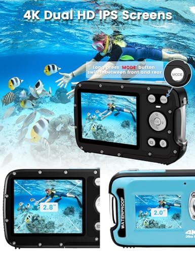 YEEIN Underwater Camera 4K 48MP Autofocus Selfie Dual Screen Waterproof Camera with Floating Strap and 32GB Card, 17FT Compact Waterproof Digital Camera, Fill Light Underwater Camera for Snorkeling 4