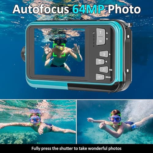 4K Underwater Camera 16FT Waterproof Camera with 32GB Card 64MP Autofocus Dual-Screen Selfie Underwater Camera for Snorkeling Waterproof Compact Floatable Digital Camera 1250mAh Battery Type-C (Blue) 3