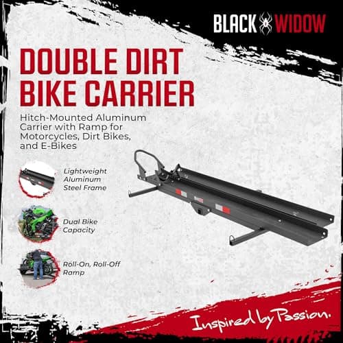 Black Widow Steel Motorcycle Carrier with Ramp for 2-Inch Receiver, 600 lb Capacity - Hitch-Mounted Dirt Bike and Scooter Hauler with Grit-Coated Track and Anti-Rattle Device for SUVs and Trucks 2