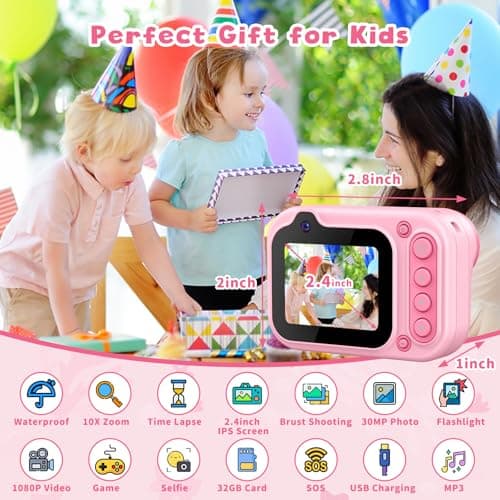 Kids Waterproof Camera, Kids Camera 2.4'' HD 1080P Birthday Gifts for Girls Boys 3-12 Year Old, Toddler Digital Action Camera with 32GB Card, Pink 4