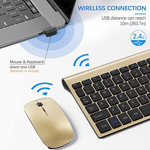 Wireless Keyboard and Mouse Ultra Slim Combo, TopMate 2.4G Silent Compact USB 2400DPI Mouse and Scissor Switch Keyboard Set with Cover, Batteries Included, for PC/Laptop/Windows/Mac - Gold Black 3