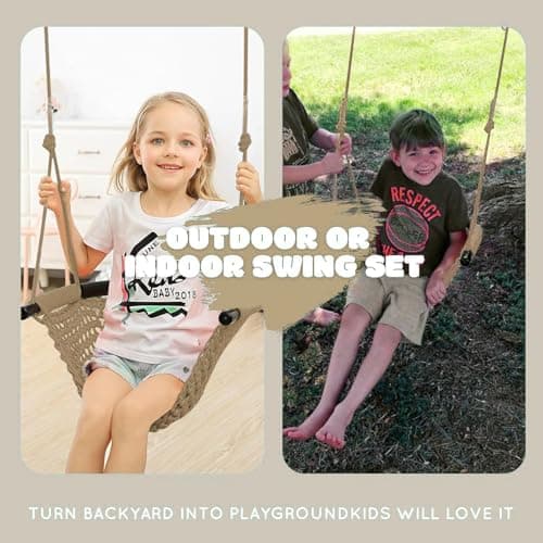 JKsmart Toddler Swing, Swing Seat for Kids Heavy Duty Rope Play Secure Children Swings Set, Perfect for Indoor,Outdoor,Playground,Home,Tree,with Snap Hooks & Straps,440 lbs Capacity, Light Brown 5