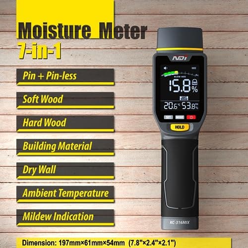 NDI 7 in 1 Pin-Type and Non-invasive Moisture Meter Scanner for Dry Wall/Cement Board/Soft Wood/Hard Wood upto 3/4 Inch Depth 3