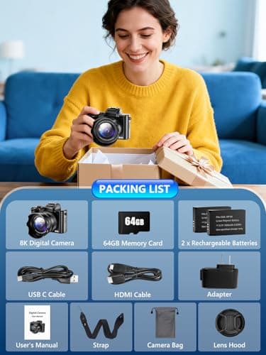8K Digital Camera, 88MP WiFi Cameras for Photography with 3.2" Touchscreen, 16X Zoom Autofocus Vlogging Camera for YouTube Video, Anti-Shake, Dual Camera, 2 Batteries, 64GB Card, Flash, Lens Hood 5