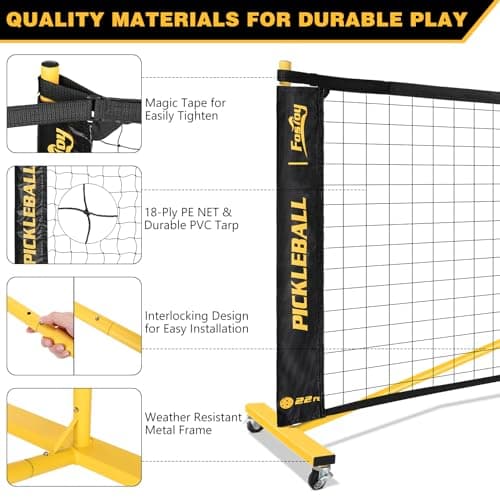 Fostoy Portable Pickleball Net with Wheels, Regulation Size 22 FT & Half Court 11 FT, Steady Metal Frame for Backyards, Driveways, and Garages (Black&Yellow) 4