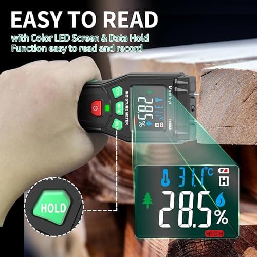 Mastfuyi Wood Moisture Meter, Firewood Moisture Tester, Drywall Moisture Detector, Pin Type Water Leak Detector with Visual Alerts for Lumber Logs Concrete Floors Ceiling Building Material Hardwood 5