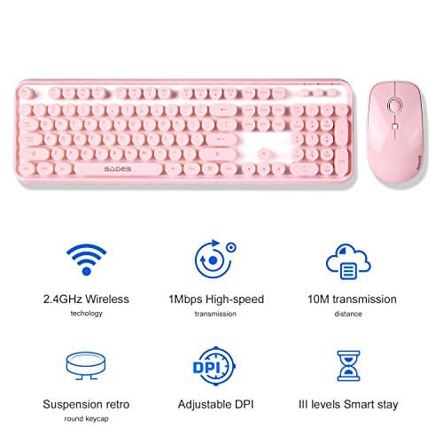 Pink Wireless Keyboard Mouse Combo,104 Round Keys Cute Colorful Keyboard Retro Typewriter Style,Letton Full Size Keyboard with Number Pad&Mouse with 3 DPI for PC Mac Laptop Computer Windows 5