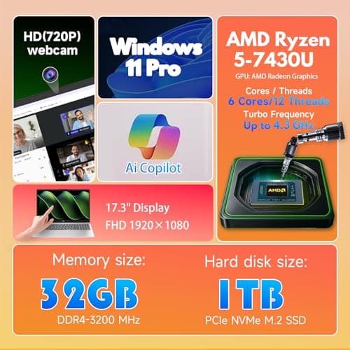 HP 17-inch Laptop Computer for Business & Student - AMD Ryzen 5 7430U(Up to 4.3GHz), 16GB RAM, 512GB SSD, 17.3" FHD IPS Anti-Glare Display, Wi-Fi 6, BT 5.4, Win 11 Pro, w/Redragon Accessories 2