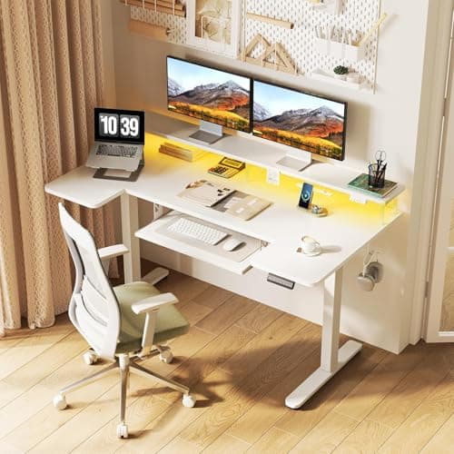 OffiGo U Shaped Electric Standing Desk with Keyboard Tray, 55 Inch Height Adjustable Desk with Power Outlets & LED Lights, Sit Stand Table with Monitor Stand for Home, Office, White 2