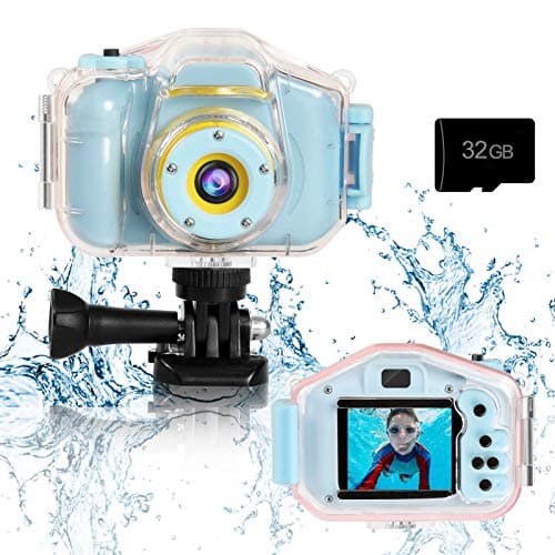 Agoigo Kids Waterproof Camera - Children Underwater HD Video Digital Camcorder, Portable Travel Toy for Toddler - Ideal Christmas Birthday Gifts for Boys Girls Age 3-12 with 32GB Card (Blue)
