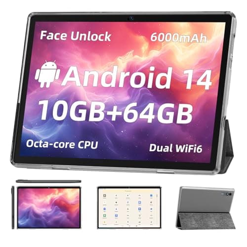 Android 14 Tablet,10 inch Tablets, Octa Core CPU, 10GB+64GB+512GB Expansion, 1280x800 Display Screen, Wi-Fi6, Dual Camera, 6000mAh Battery Tablet PC,Widevine L1 Google Kids Space (Gray Case)