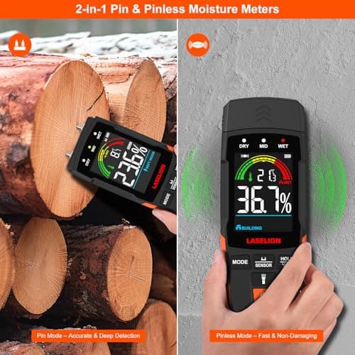 LASELION 2-in-1 Pin & Pinless Moisture Meter MS03 – Accurate Moisture Detection for Wood, Concrete, Drywall, and More – LCD Display with Hold Function, Flashlight, and Auto Power Off 2