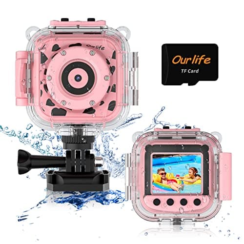 Ourlife Kids Waterproof Camera, Kids Camera for 13+ Year Old Boys Girls Christmas Birthday Gifts for Kids Underwater Sports Camcorder 1.77 Inch Screen with 8GB Card (Pink)