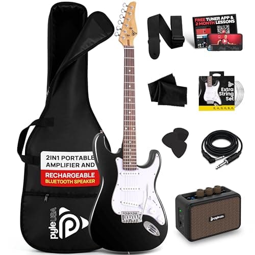Pyle Electric Guitar and Amp Kit - Full Size 39" Complete Starter Kit with Wearable Bluetooth Amplifier, 1/4” Cable, Carry Case, Strap, Strings, Picks, Cleaning Cloth, ST-Style Pickups (Black)