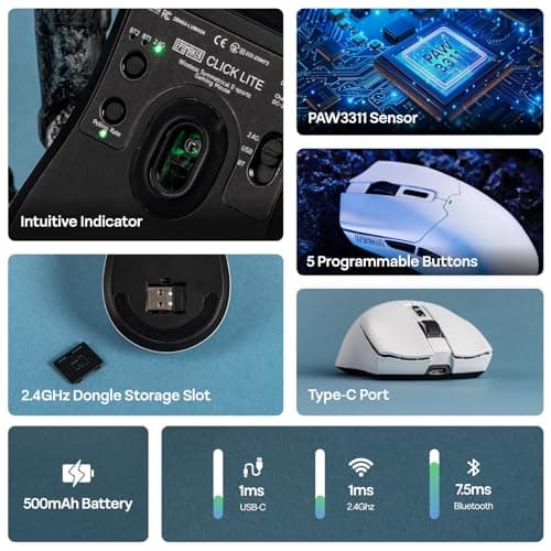 EPOMAKER Click Lite Wireless Gaming Mouse, 800 to 12,000 DPI Adjustable, PAW3311 Sensor, 500mAh, 59g, 2.4G/BT/USB-C Rechargeable Wireless Mouse with 5 Programmable Buttons for PC/Mac/Linux (White) 2