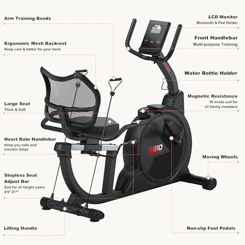 SNODE Magnetic Recumbent Exercise Bike for Home, Recumbent Bike for Rehab and Seniors, Recumbent Stationary Bike with LCD Monitor and Large Seat Cushion & Mesh Backrest, 330LB Weight Capacity 4