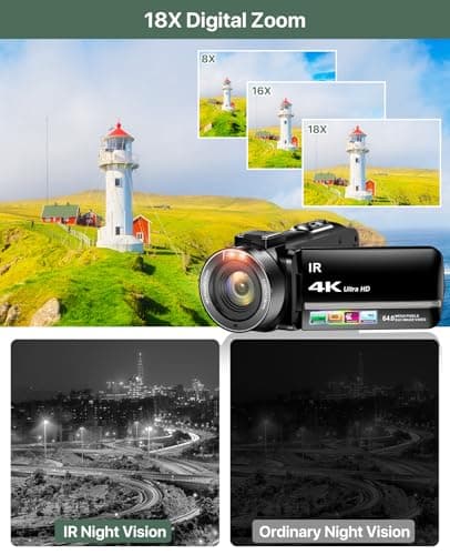 4K Video Camera Camcorder 64MP Vlogging Camera for YouTube 3.0" Touch Screen 18X Digital Zoom IR Night Vision with External Stereo Microphone,Remote,Lens Hood,Handheld Stabilizer,32G Card &2 Batteries 3