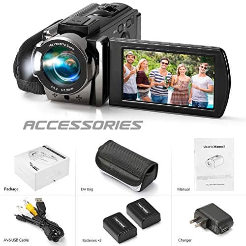 kimire Video Camera Camcorder Digital Camera Recorder Full HD 1080P 15FPS 24MP 3.0 Inch 270 Degree Rotation LCD 16X Digital Zoom Camcorder Camera with 2 Batteries(Black) 5