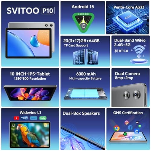 SVITOO Android Tablet 10 Inch, 2025 Android 15 Tablet for Kids Adults, 20GB RAM 64GB Storage 1TB Expandable, Dual Cameras 8MP 2MP, 6000mAh Dual Speakers WiFi 6 2