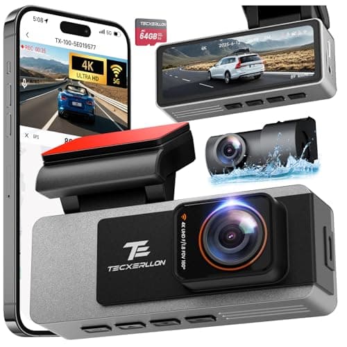 TECXERLLON Dash Cam Front and Rear, 4K Full HD Dual Dash Camera with Starlight Night Vision, Bulit-in GPS & 5G WiFi, Free 64GB Card Included, with G-Sensor, WDR, 24H Parking Mode, Support 512GB Max