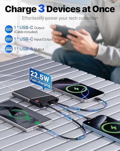 Aaoyun Portable Charger Power Bank, 10000mAh 22.5W PD Super Fast Charging Powerbank with Built-in USB C in&Out Cable, Slim External Phone Battery Pack for iPhone 17/16/15 iPad Samsung S24 Android etc 3