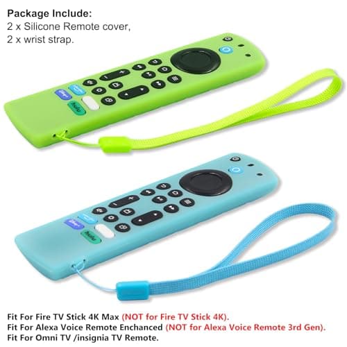 Pinowu Silicone Remote Case (2pcs) for Fire TV Stick 4K Max/Insignia/Pioneer/Omni Series Fire TV Alexa Voice Remote Enhanced w/Lanyard (Green and Turquoise, Both Glow) 5