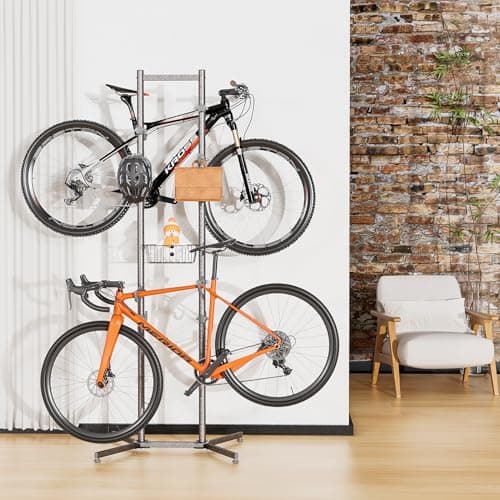 CXWXC 2-/4-Bike Storage Rack with Basket - Indoor Bike Rack for Garage/Apartment - Road Mountain and Hybrid Bike Garage & Home 2